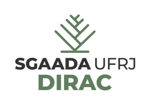 Em cima uma logo com linhas verdes intercaladas em um tronco e embaixo as siglas SGAADA, UFRJ e DIRAC